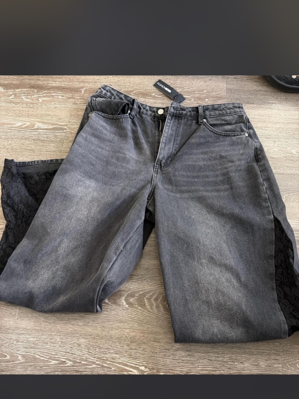 Fashion Nova Black Wide-Leg Jeans with Lace Side Panels - Picture 2 of 5